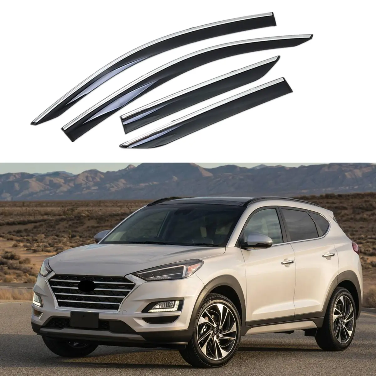 For Hyundai Tucson 2019-2021 Clip-On Chrome Trim Vent Window Visors Rain Sun Wind Guards Shade Deflectors 1
