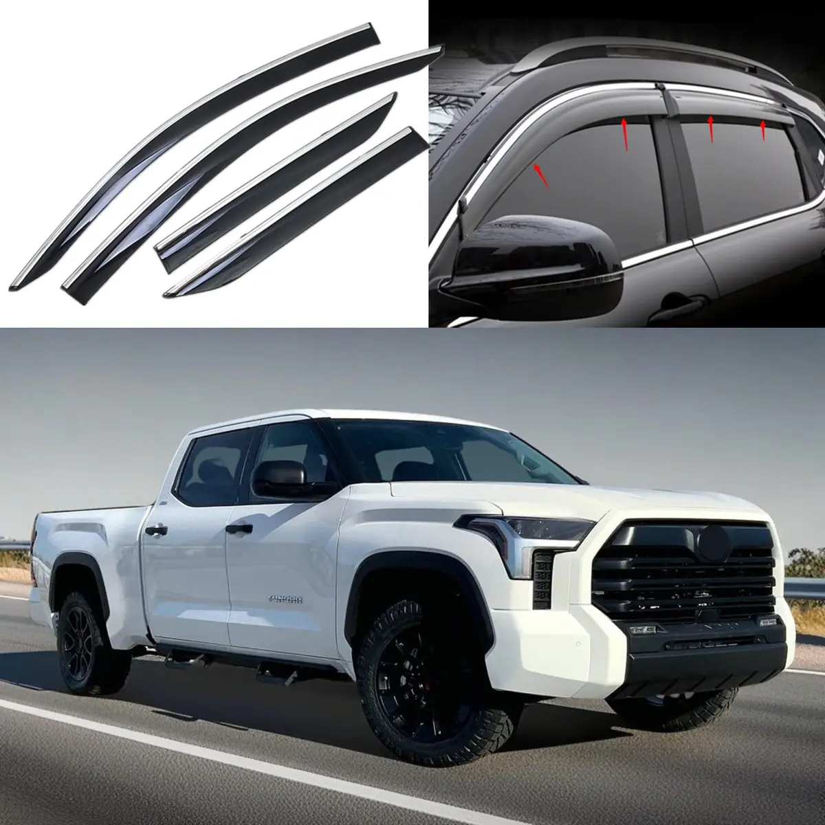 Window Vent Visors W/Chrome Trim Rain Sun Guards Fits 2022-2024 Toyota Tundra 1