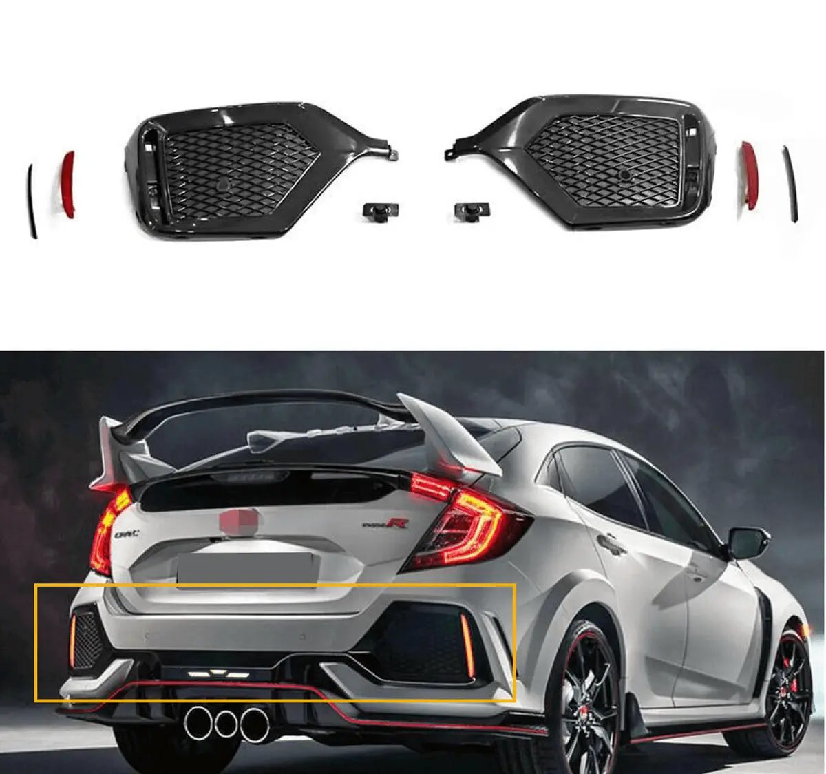 For 2017-2021 Honda Civic Hatchback Type-R Look Rear Bumper Garnish W/Reflector 1