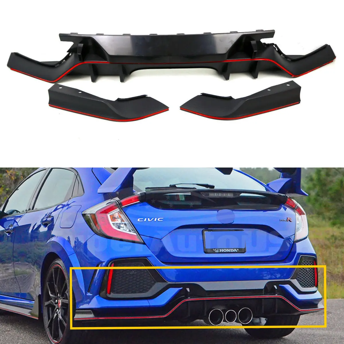 Fits 2017-2021 Honda Civic Hatchback Type-R Rear Bumper Lip (Carbon Fiber Print And Red) 1
