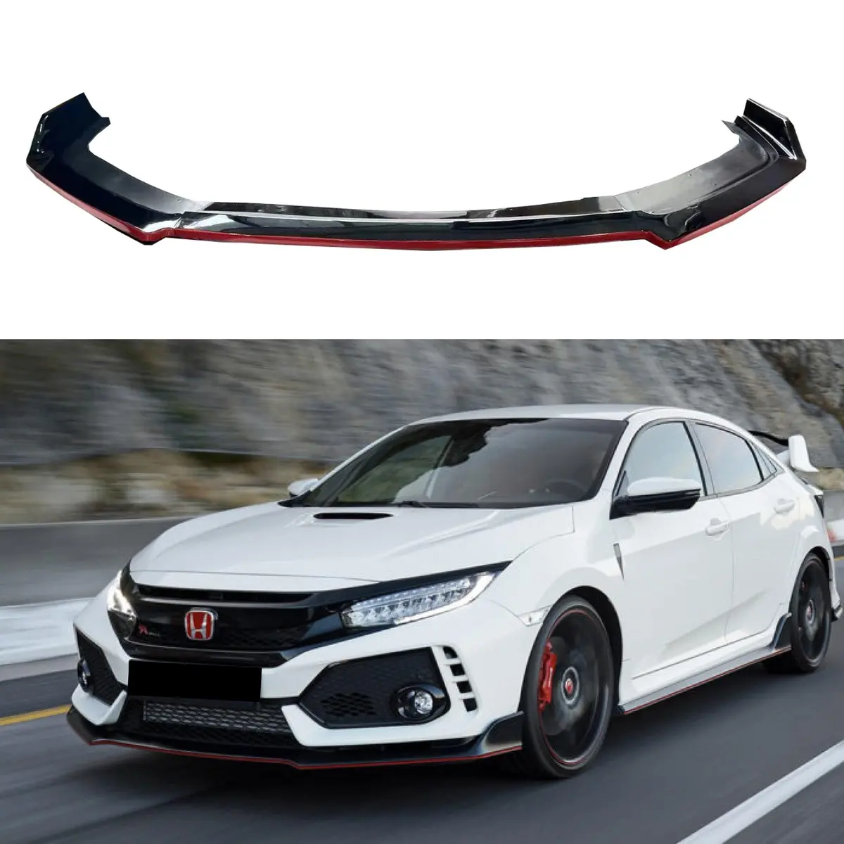 Fit 2017-2021 Honda Civic Hatchback Type R Style Front Bumper Lip (Gloss Black With Red Trim) 1