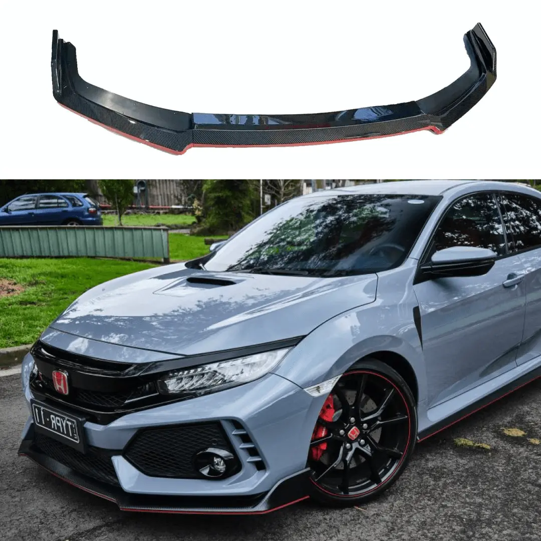 Fit 2017-2021 Honda Civic Hatchback Front Bumper Lip (Carbon Fiber Print With Red Trim) 1