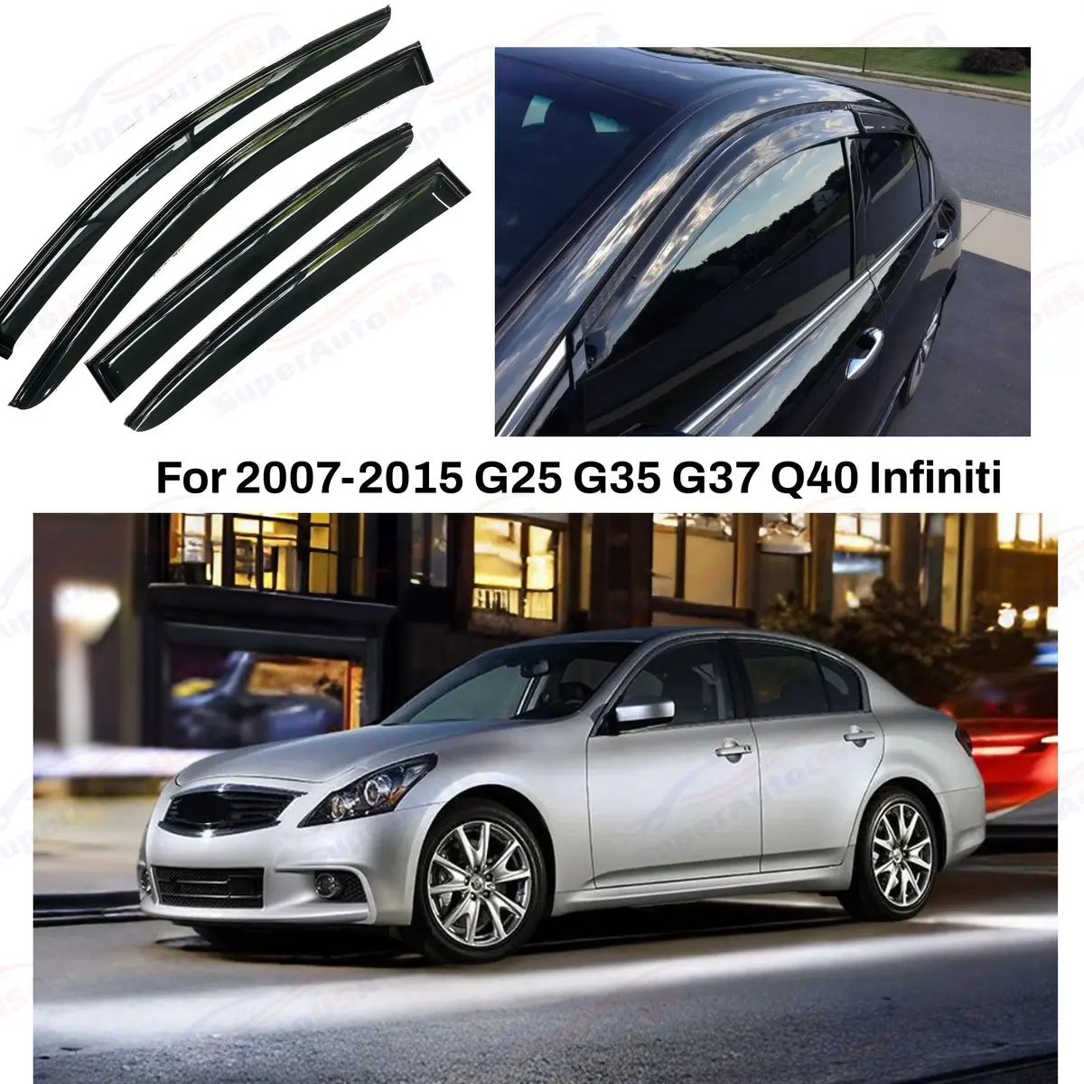 Fits 07-15 Infiniti G25 G35 G37 Q40 Window Visors Sun Guard Shade Deflector W/ Carbon Paint Trims 1
