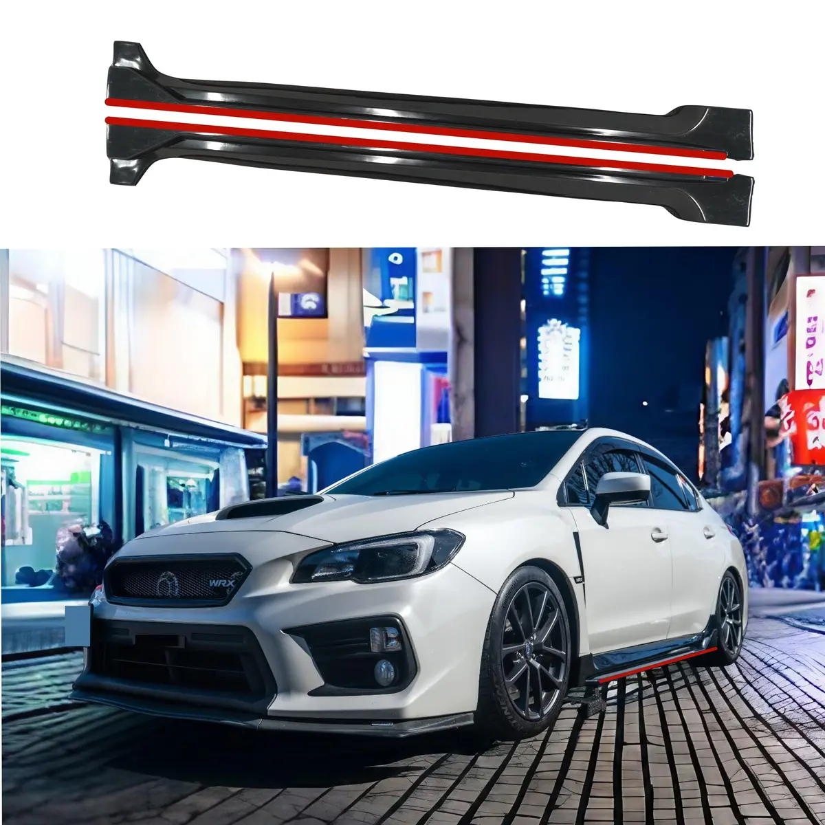 2015-2021 Subaru Wrx Sti Va - Jdm Style Side Skirt Overlay Extensions - Gloss Black With Red Trim 1