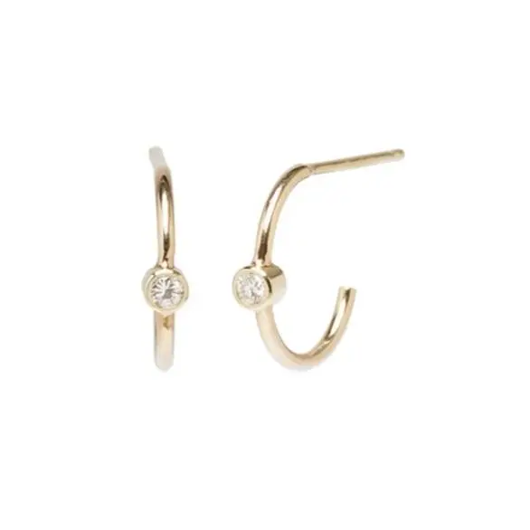 14K Yellow Gold Thin Hoop With Bezel Set Diamond 1