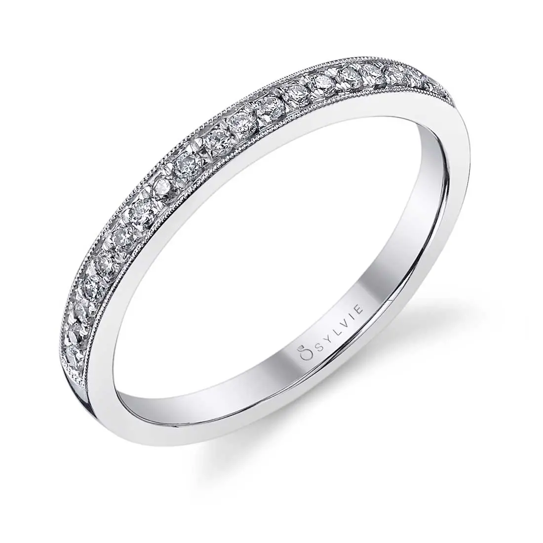 14K White Gold Diamond Wedding Band With Milgrain Accent 1