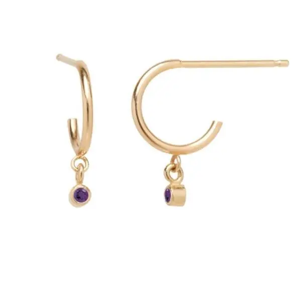 14K Yellow Gold Hoop Earring With Bezel Set Dangle Amethyst 1