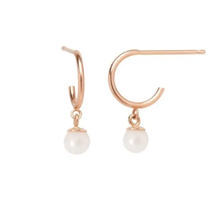 14K Yellow Gold Huggie Hoop Earrings With Dangle Pearls 1