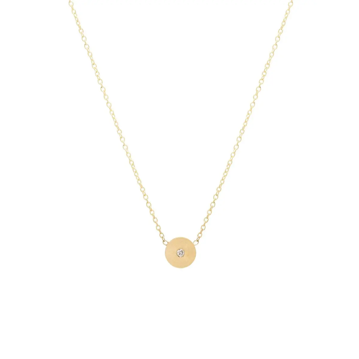 14K Yellow Gold Medium Round Disk Necklace With One Diamond 1