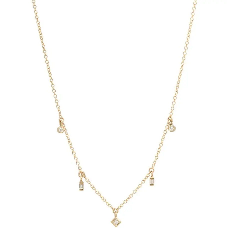 14K Yellow Gold Diamond Dangle Necklace With Five Mixed Shape Diamonds 1