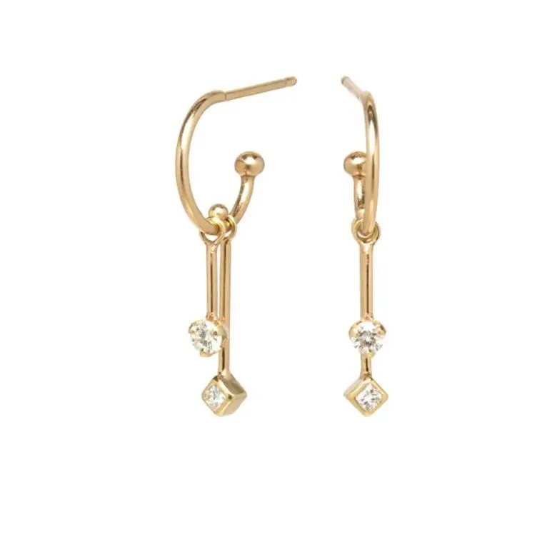 14K Yellow Gold Thin Huggie Hoop Earrings With Dangle Diamonds 1
