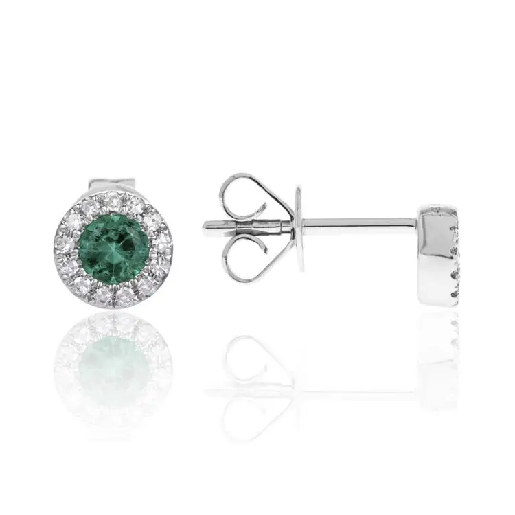 14K White Gold Emerald In Diamond Halo Earrings 1