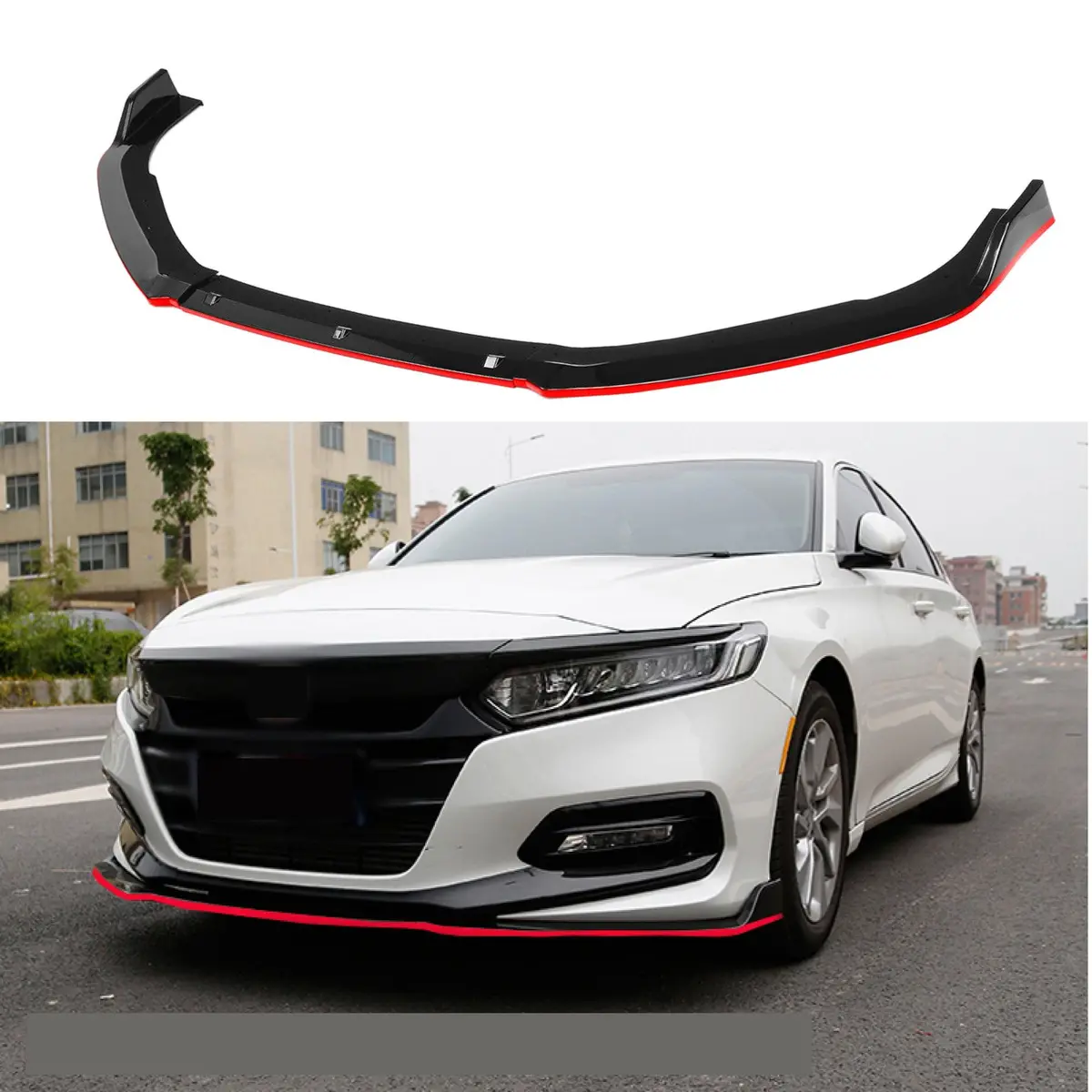 Fits 2018-2023 Honda Accord Sedan Front Bumper Lip Spoiler(Glossy Black With Red Trim) 1