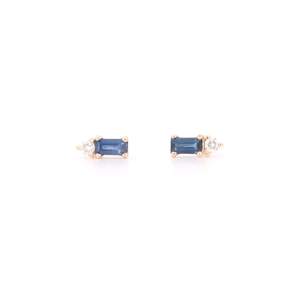 14K Yellow Gold Blue Sapphire And Diamond Baguette Stud Earrings 1