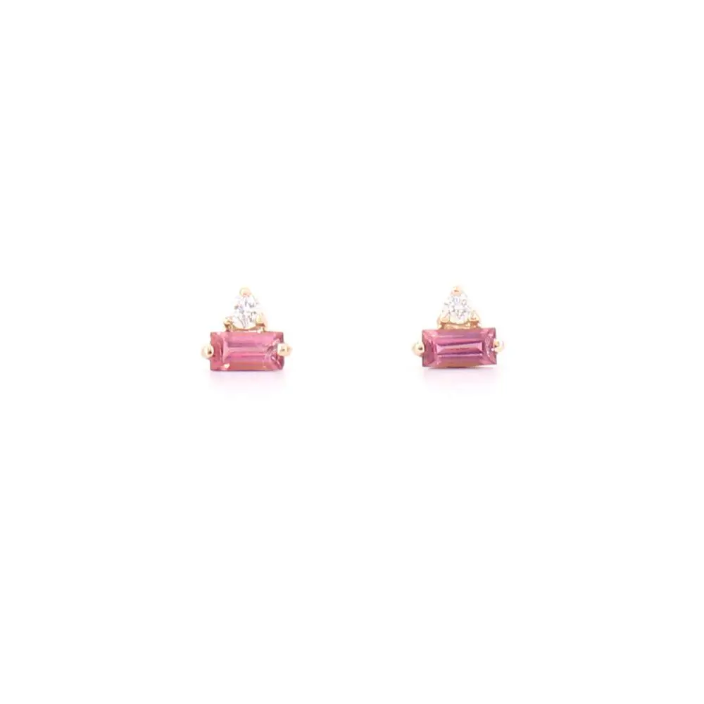 14K Yellow Gold Pink Tourmaline And Diamond Baguette Stud Earrings 1