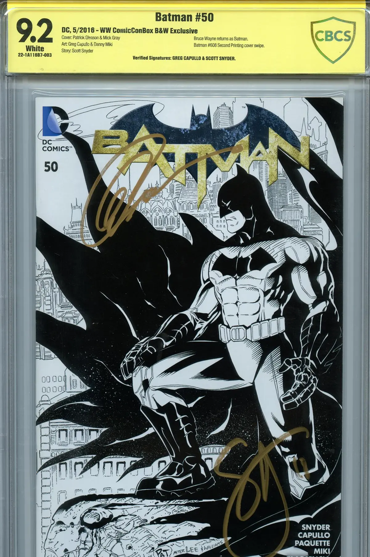 Batman V2 50 (May 2016) Ww Comiccon B&W Cbcs (9.2) - Signed By Capullo & Snyder 1