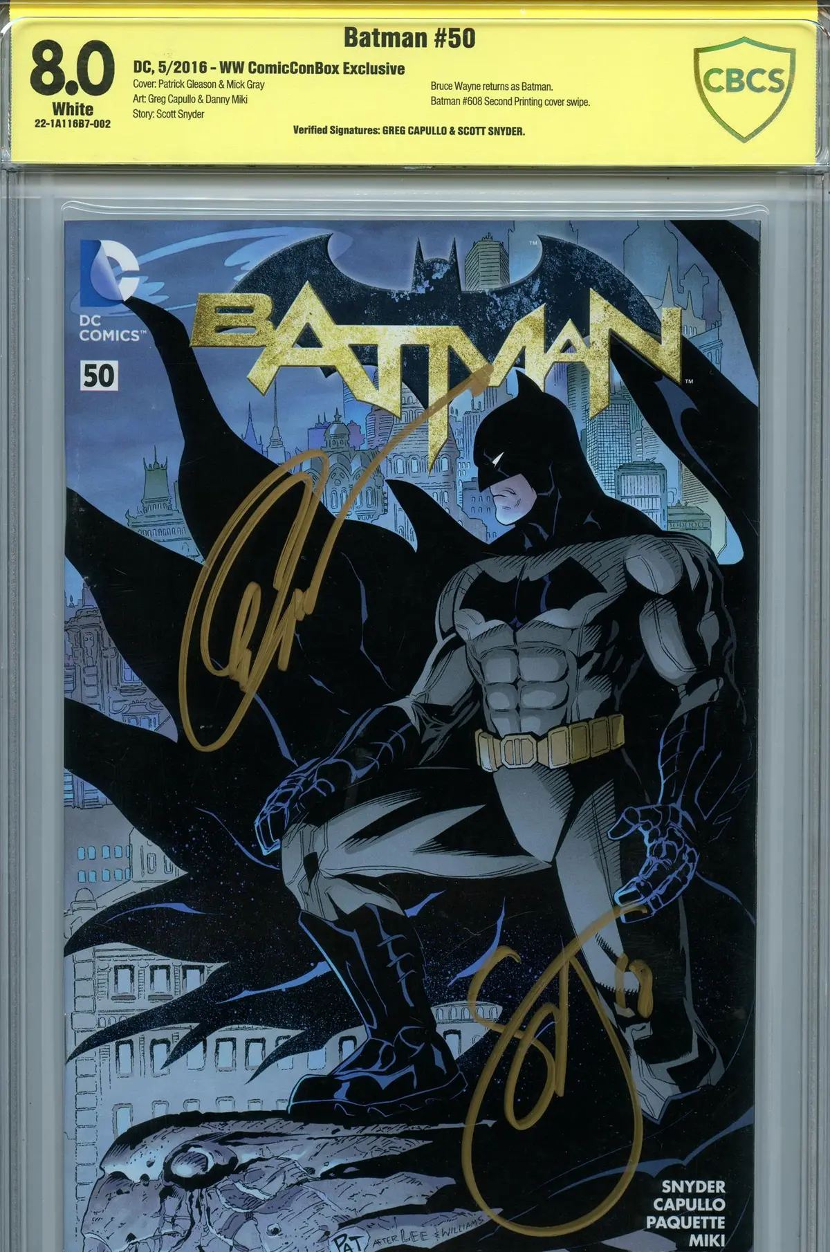 Batman V2 50 (May 2016) Ww Comiccon Cbcs (8.0) - Signed By Capullo & Snyder 1