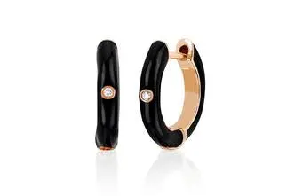 14K Yellow Gold Black Enamel Diamond Huggies 1
