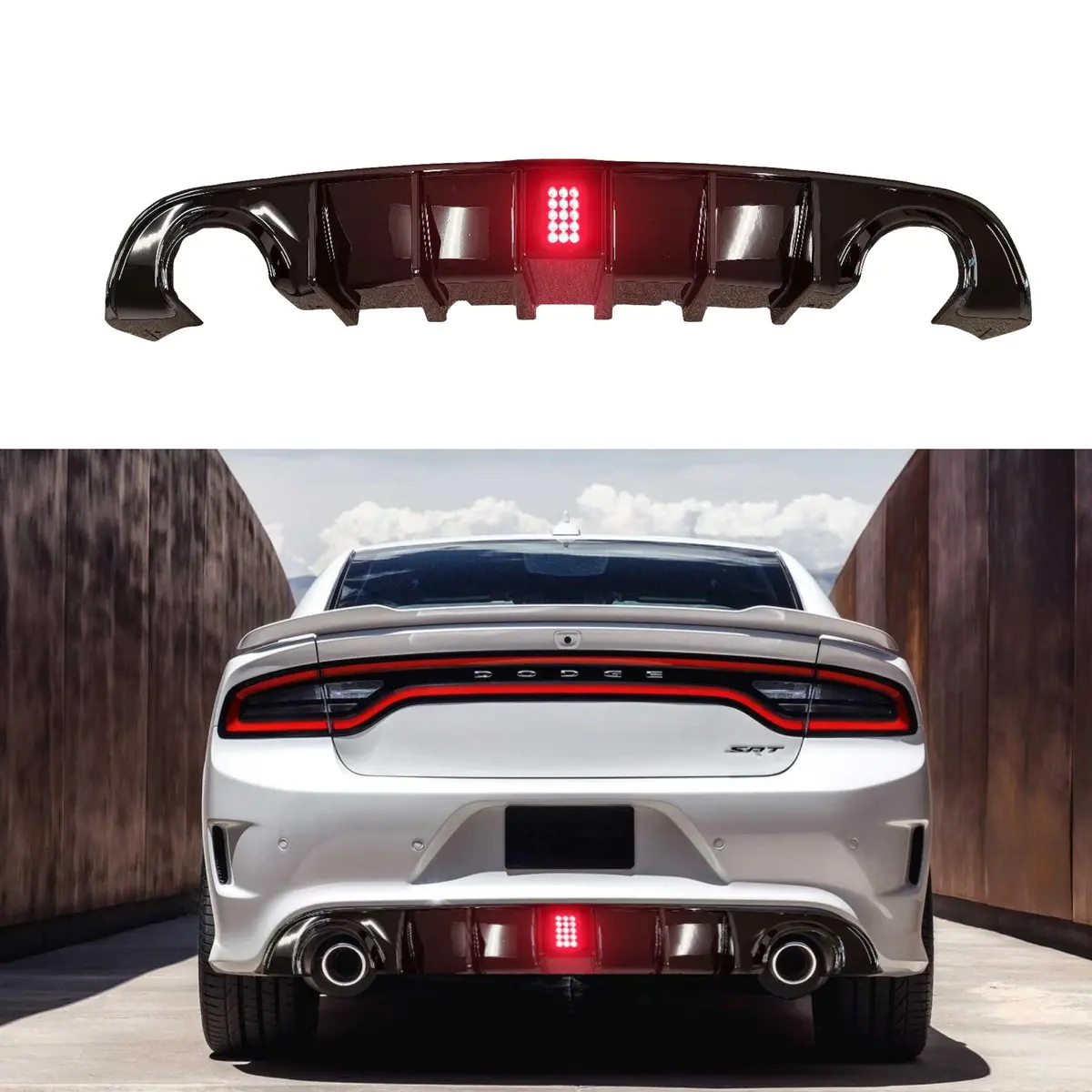 For 2015-23 Dodge Charger Srt Gloss Black Rear Diffuser W/Led Brake Light 1