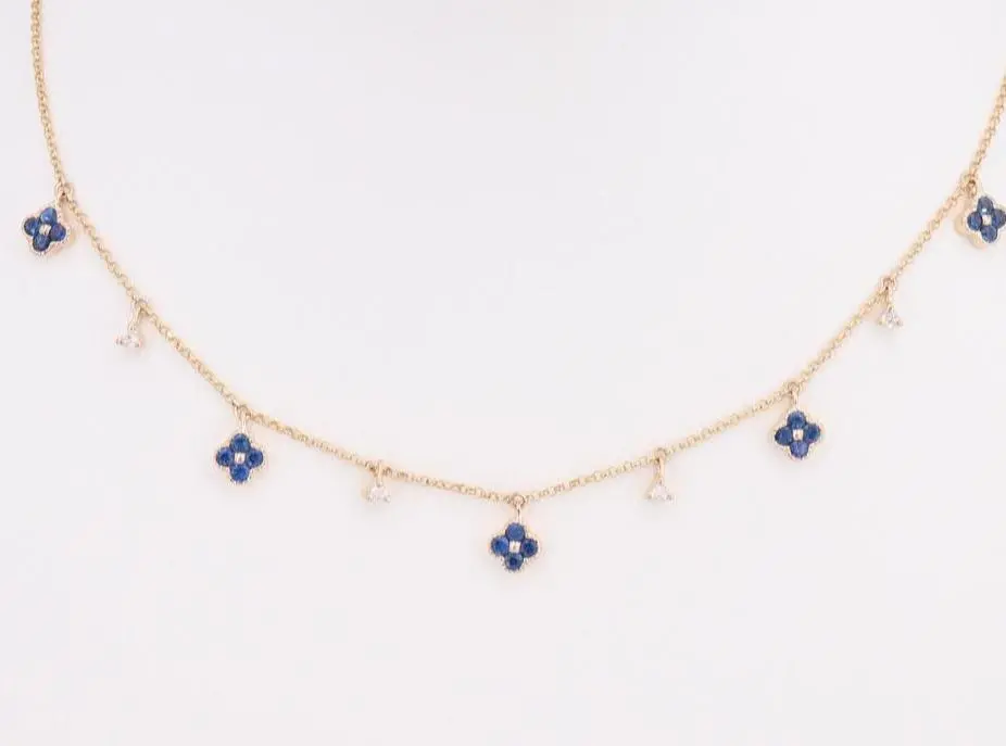 14K Yellow Gold Blue Saphire And Diamond Flower Necklace 1