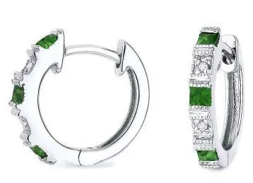 14K White Gold Emerald & Diamond Huggie Hoops 1