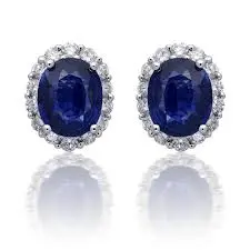 18K White Gold Oval Sapphire In Diamond Halo Earrings 1