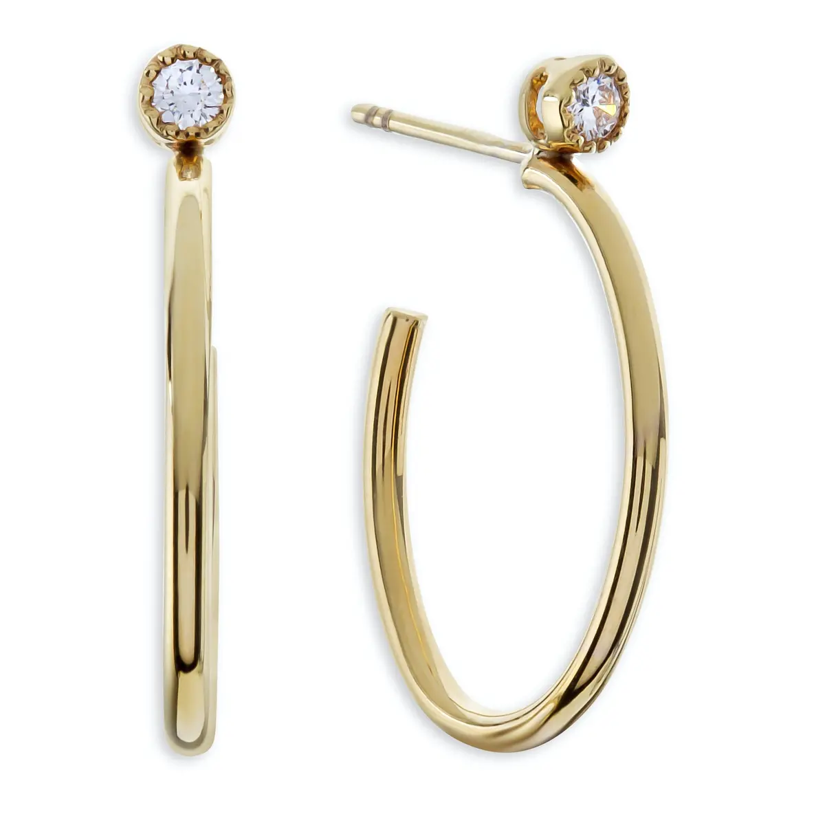 14K Yellow Gold J Shaped Hoop With Diamond Earrings 1