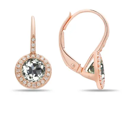 14K Rose Gold Green Amethyst In Diamond Halo On Diamond Lever Backs 1