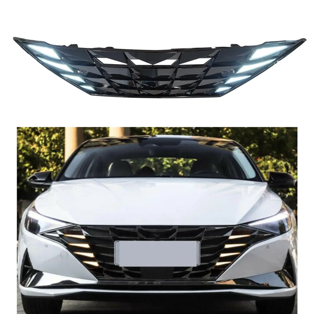 For 2021-2023 Elantra Drl Led Turn Signal Lights Gloss Black Front Grille 1