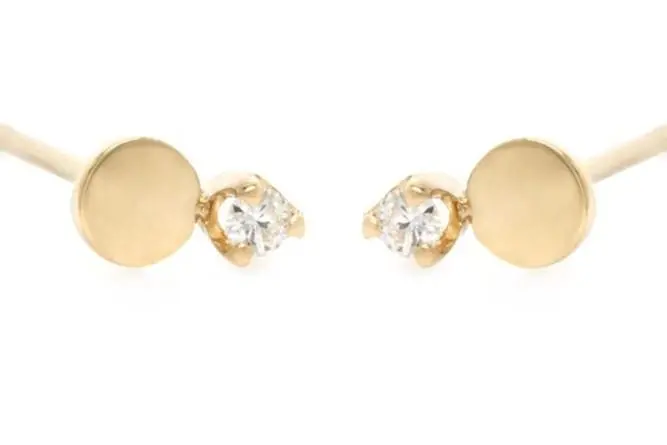 14K Yellow Gold Round Disc With Diamond Stud Earrings 1