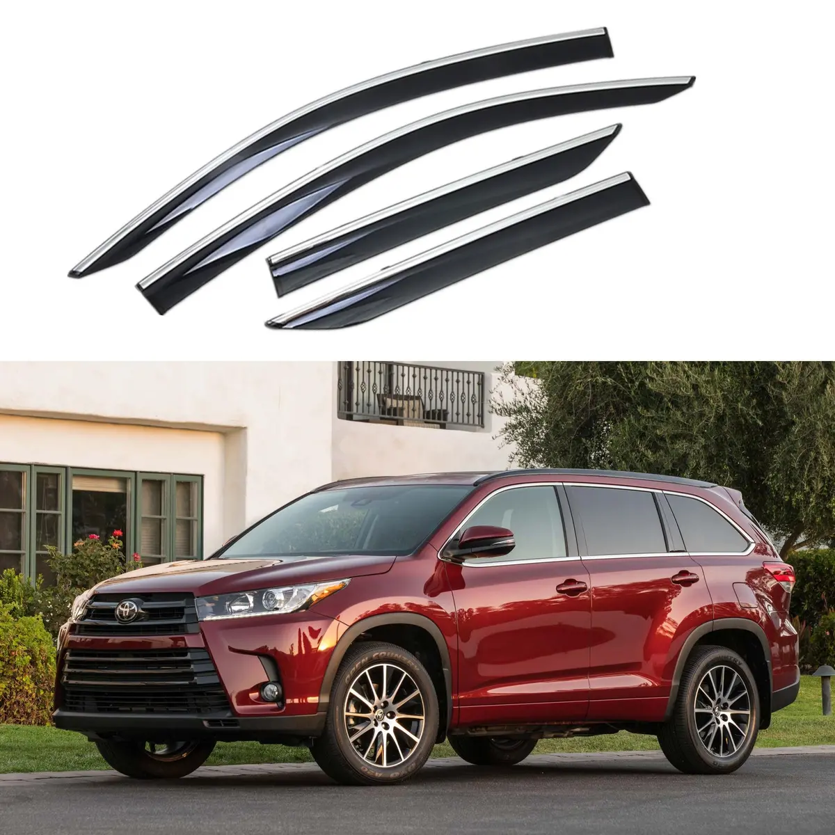 Fit 2014-2018 Toyota Highlander Clip-On Chrome Trim Vent Window Visors Rain Sun Wind Guards Shade Deflectors 1