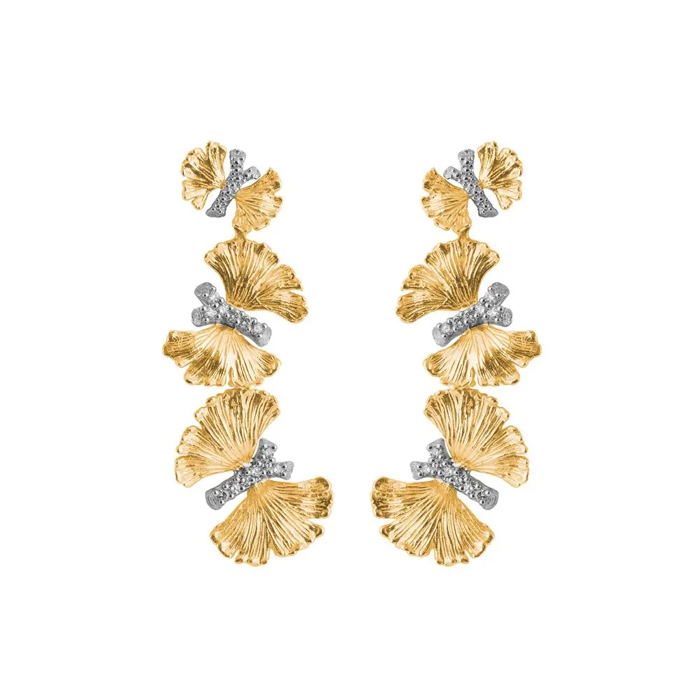 Sterling Silver And 18K Yellow Gold Butterfly Gingko Triple Drop Earrings 1