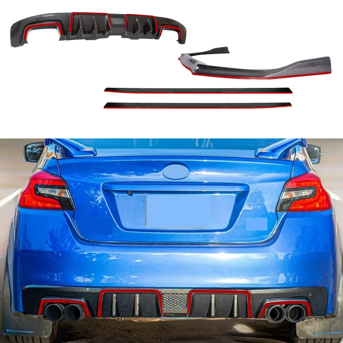 2015-2021 Subaru Wrx Sti Va - Front Lip, Side Skirts & Rear Diffuser Set - Gloss Black W/ Red Trim (8Pc) 3