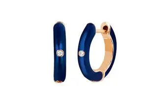 14K Yellow Gold Navy Enamel Diamond Huggies 1