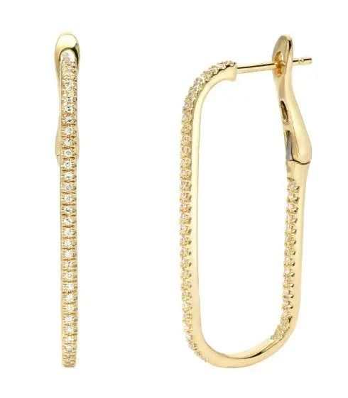 14K Yellow Gold Diamond Rectangular Hoop Earrings 1