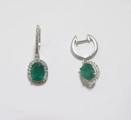 18K White Gold Oval Emerald Earrings In A Diamond Halo On A Diamond Huggie 1