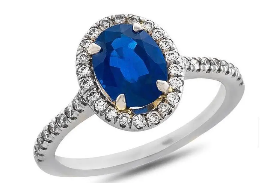 18K White Gold Oval Sapphire Ring With Diamond Halo And Sides 1