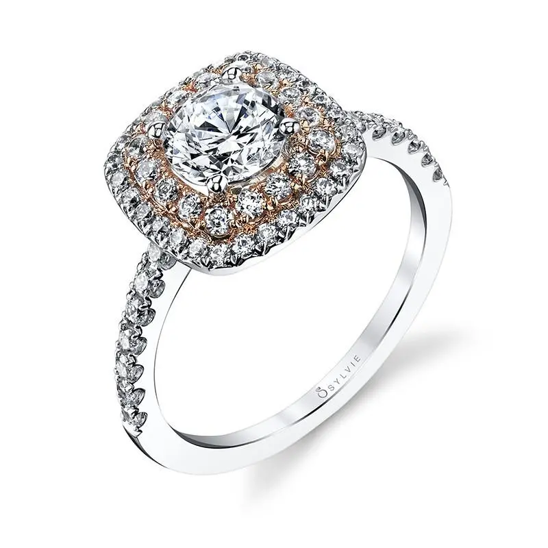 14K White And Rose Gold Cushion Shape Double Diamond Halo Engagement Ring(Center Stone Not Included) 1