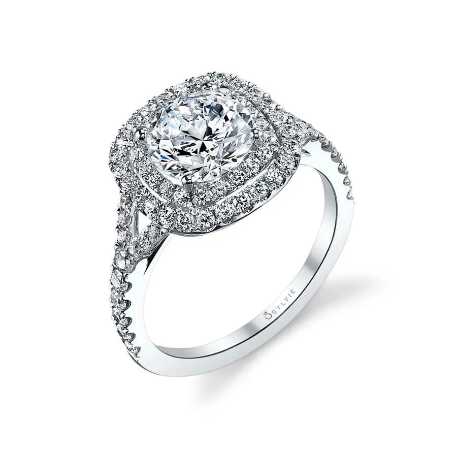 14K White Gold Double Diamond Halo Engagement Mounting(Center Stone Not Included) 1