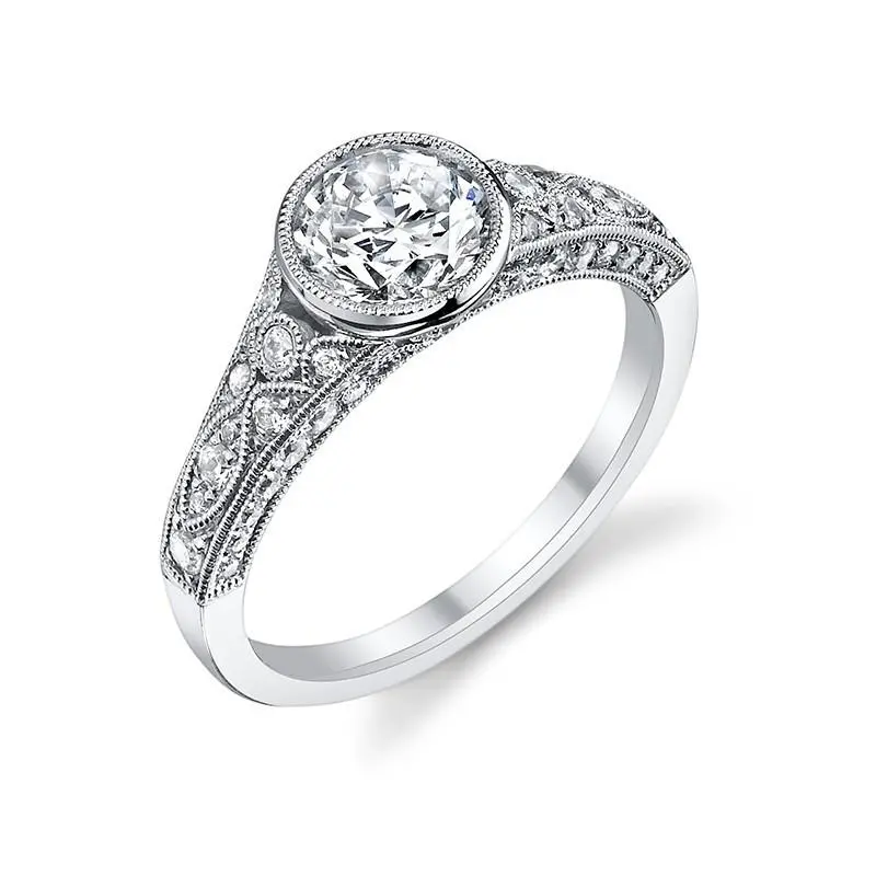 14K White Gold Vintage Inspired  Bezel Set Diamond Engagement Ring With Diamond Sides(Center Stone Not Included) 1