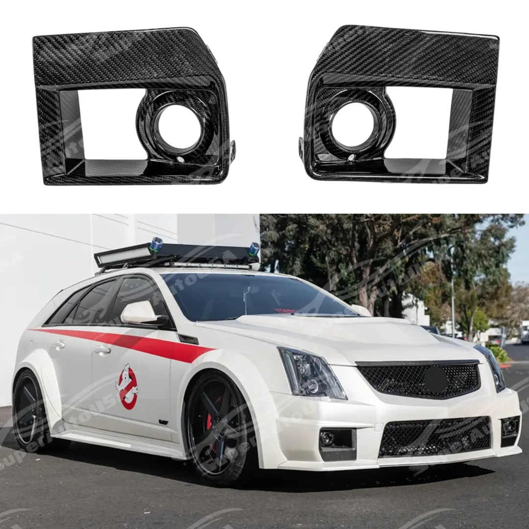Fits 2009-2015 Cadillac Cts-V Real Carbon Fiber Front Bumper Fog Light Cover Lamp Bezel 1