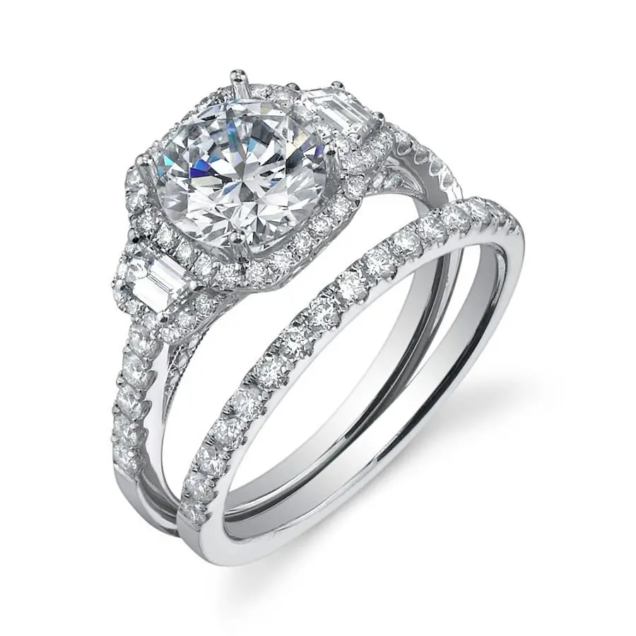 14K White Gold Cushion Shape Diamond Halo Engagement Ring With Trapezoid Diamond Sides(Center Stone Not Included) 1