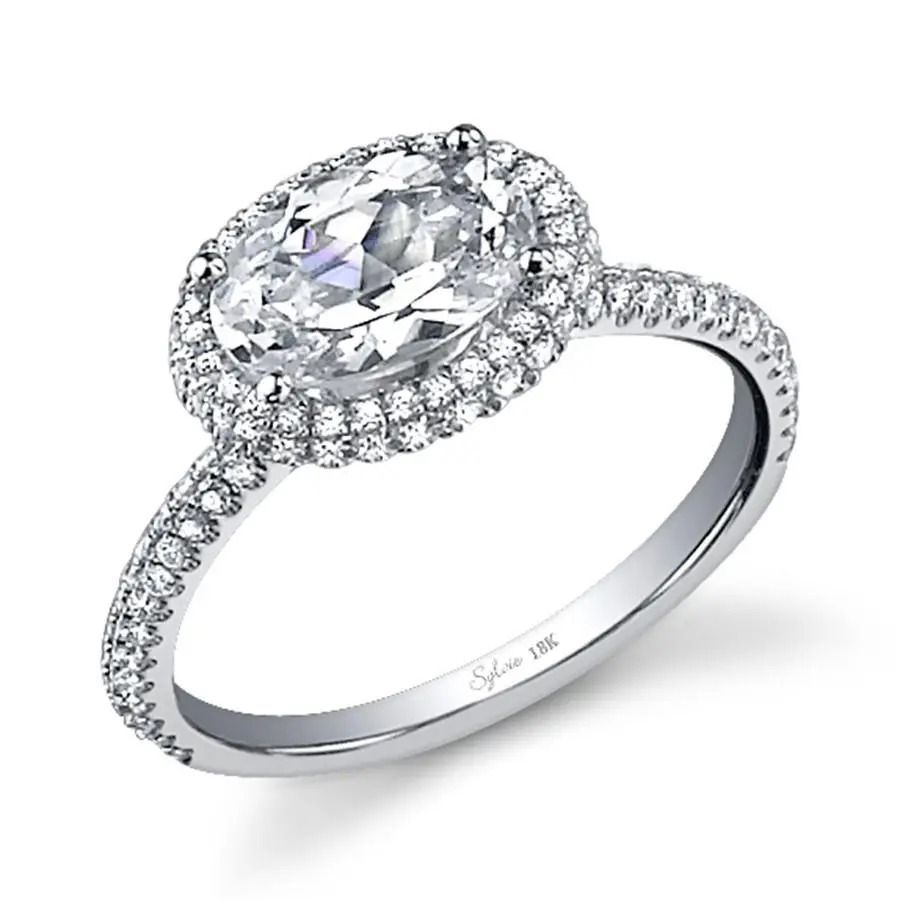 14K White Gold East-West Oval Diamond Halo Engagement Ring(Center Stone Not Included) 1
