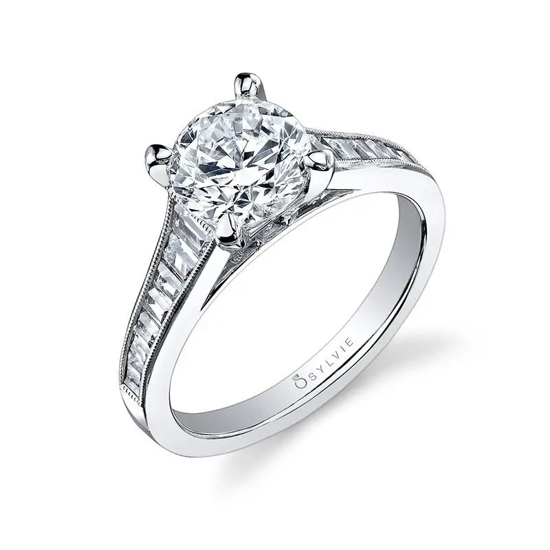 14K White Gold Round Brilliant Diamond Engagement Ring With Channel Set Baguettes(Center Stone Not Included) 1