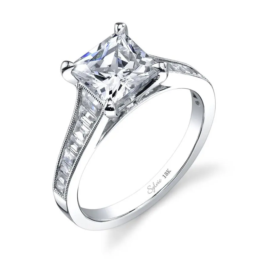 14K White Gold Colleta Princess Engagement Ring With Tapered Baguette Diamonds (Center Stone Not Included) 1