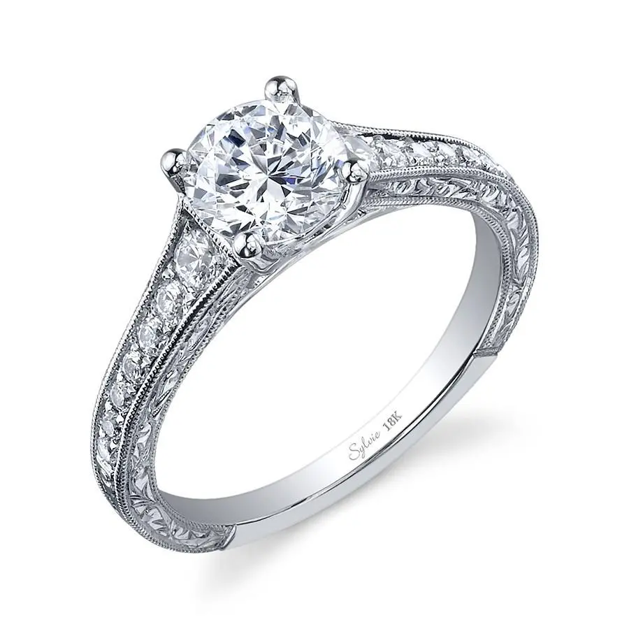 14K White Gold Henrietta Diamond Accented Engagement Ring With Engraved Sides (Center Stone Not Included) 1
