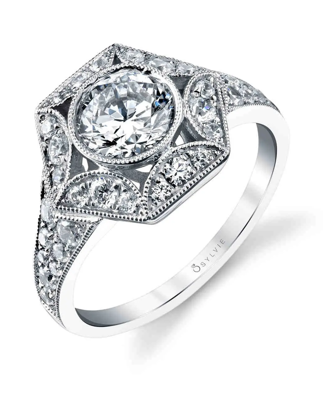 14K White Gold Bezel Set Vintage Inspired Filigree Diamond Engagement Ring With Diamond Sides(Center Stone Not Included) 1