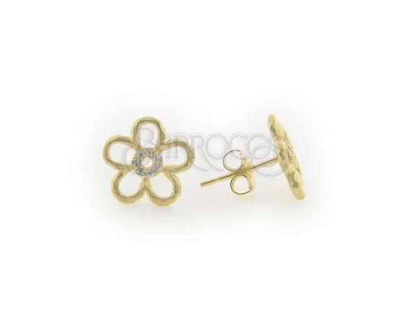 Sterling Silver Hammered Cz Flower Stud Earrings 1