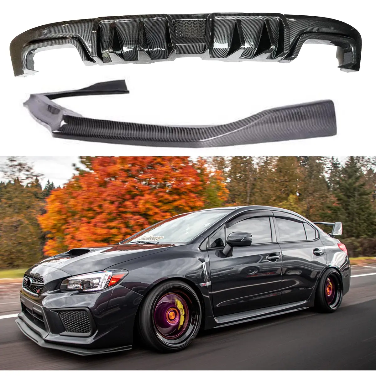 2015-2021 Subaru Wrx Sti Va - Front Lip & Rear Diffuser - Carbon Print (6Pc) 2