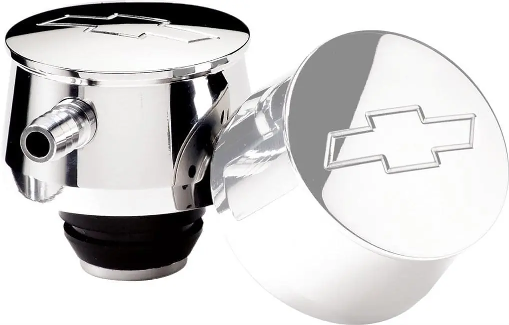 Polished Aluminum Valve Cover Breather - Round Design With Embossed Bowtie Logo 1